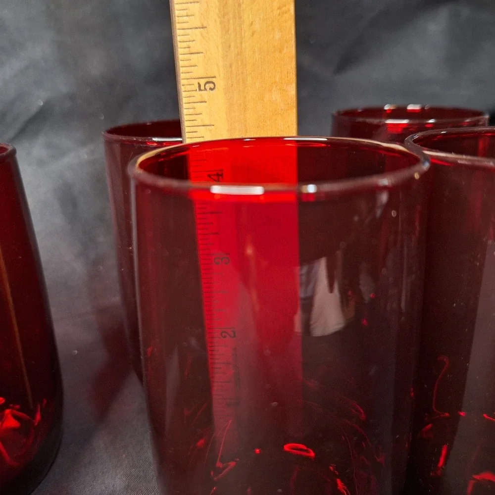Set of 7 Ruby‎ Red Glass Tumblers Vintage Minimalist Drinking Glasses 4.25 Inch